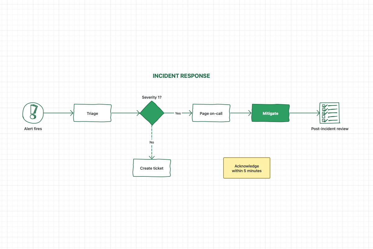 A flowchart on graph paper, from an alert through triage and a severity decision to mitigation and a post-incident review.