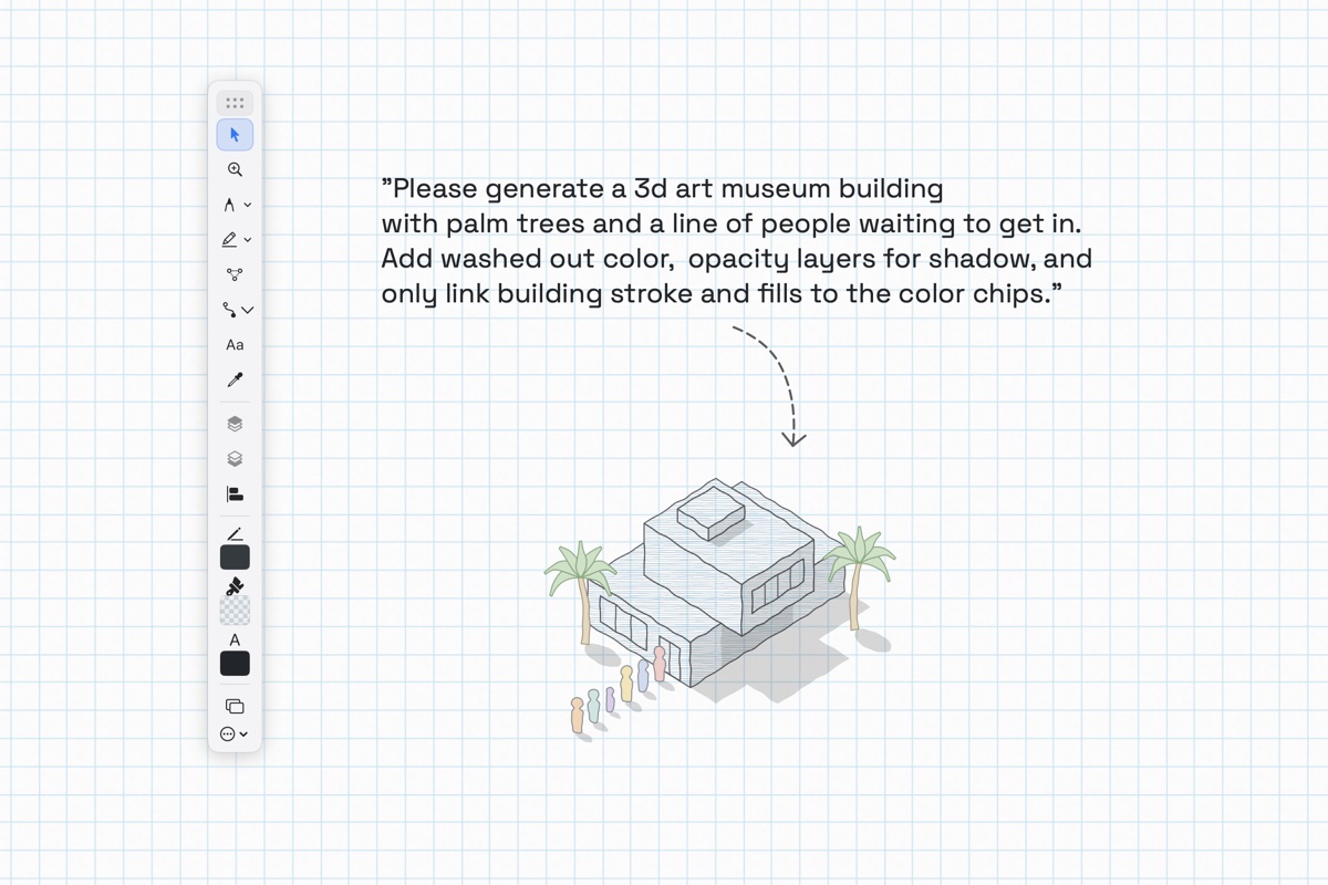 A written request for a 3D art museum with palm trees and a queue of visitors, and the hand-drawn shape the skill produced from it.